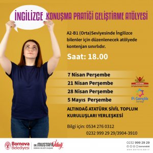 Pi Gençlik Derneğimizin gönüllüleri ile birlikte Bornova Belediyesi Sivil Toplum Kuruluşları Yerleşkemizde İngilizce konuşma becerilerine yönelik aylık ÜCRETSİZ konuşma kulüpleri düzenliyoruz.