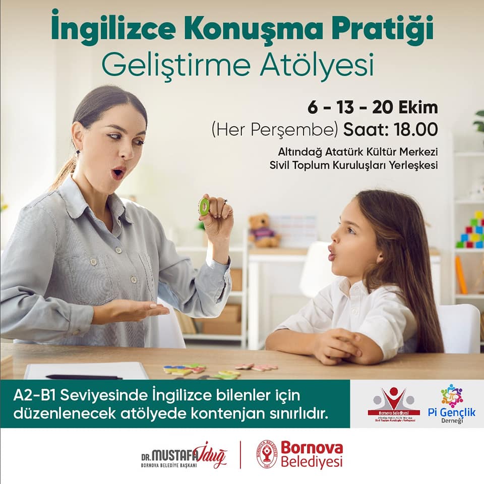 Bornova Belediyemiz ve Pi Gençlik Derneği arasında imzalanan işbirliği protokolü ile Avrupanın çeşitli ülkelerinden gelen gönüllü gençlerin egitmenliginde “İngilizce Konuşma Kulübü” ve “Grafik Tasarım Atölyesi” gerçekleşecektir. Sınırlı sayıda kontenjanin yer aldığı Atölyelerimize bekliyoruz.